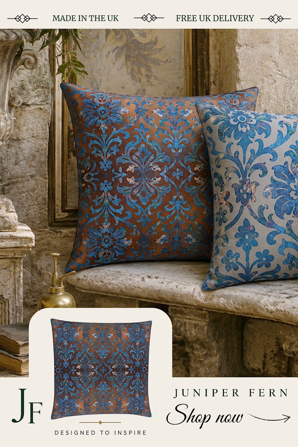 Chocolate Brown Blue Damask Cushion