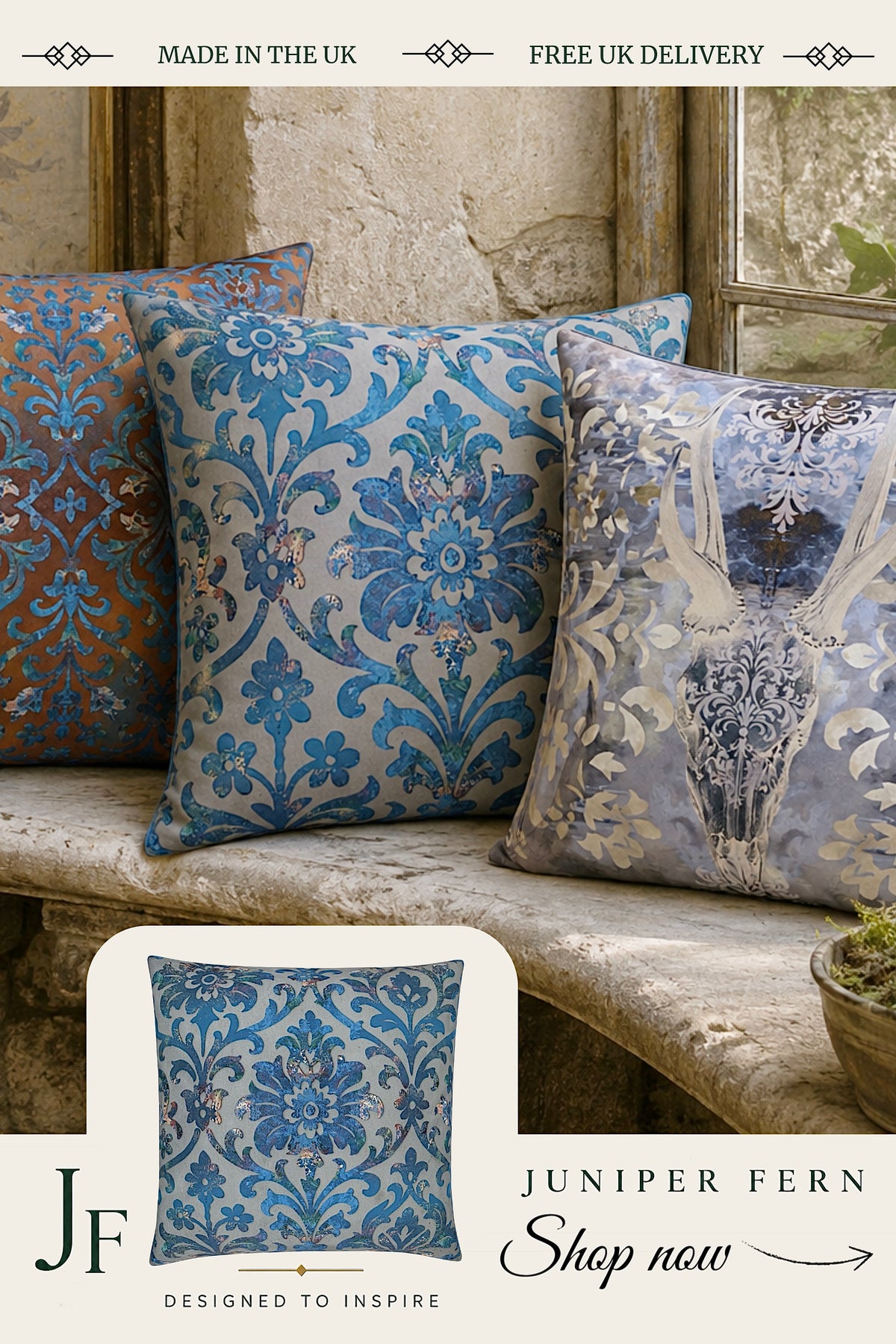 Grey Stone and Blue Damask Cushion