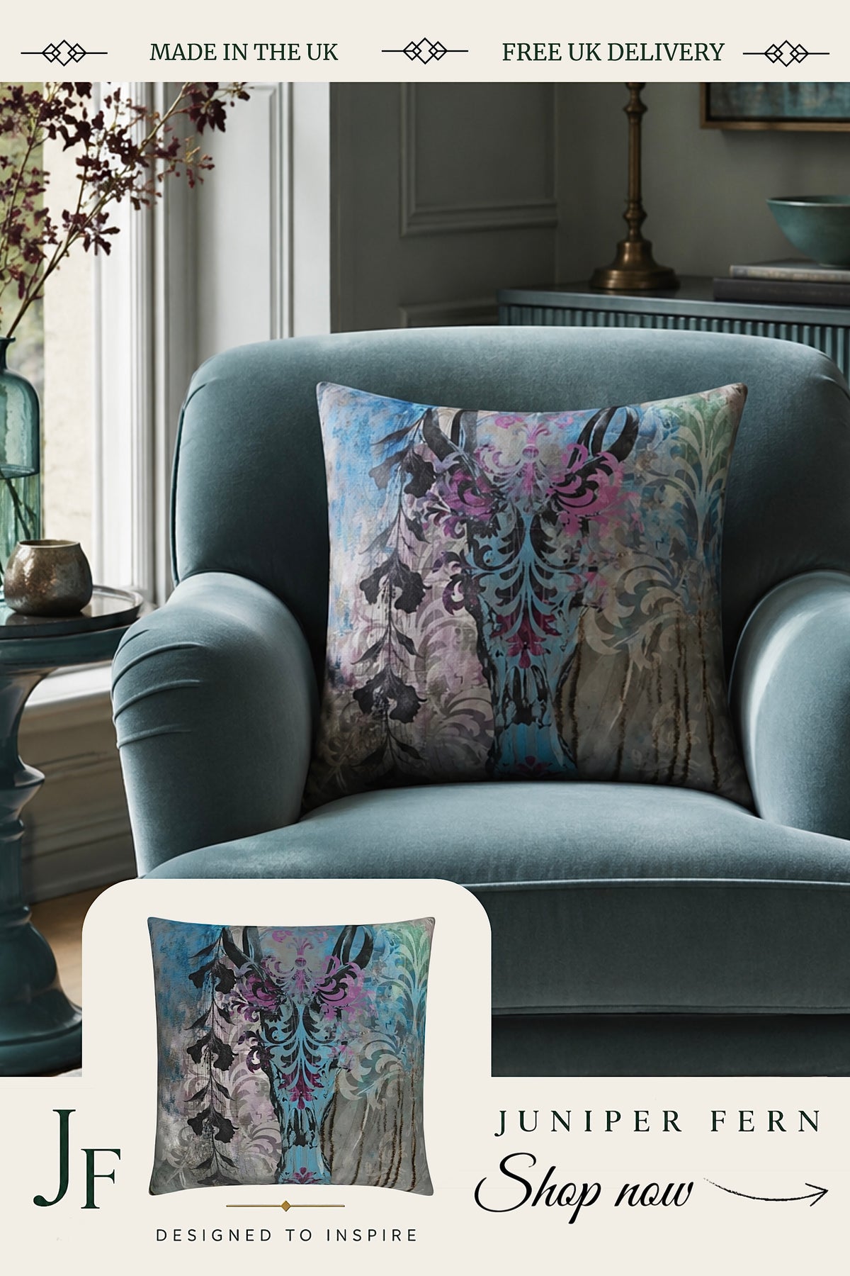 Grey Blue Stag Cushion - Vellum Hollow