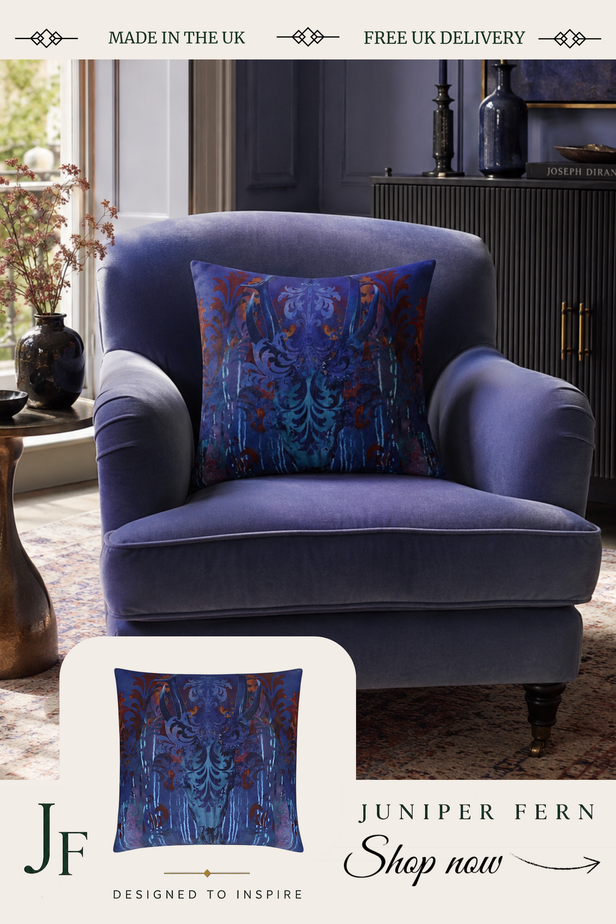 Indigo Blue Stag Cushion - Royal Vellum