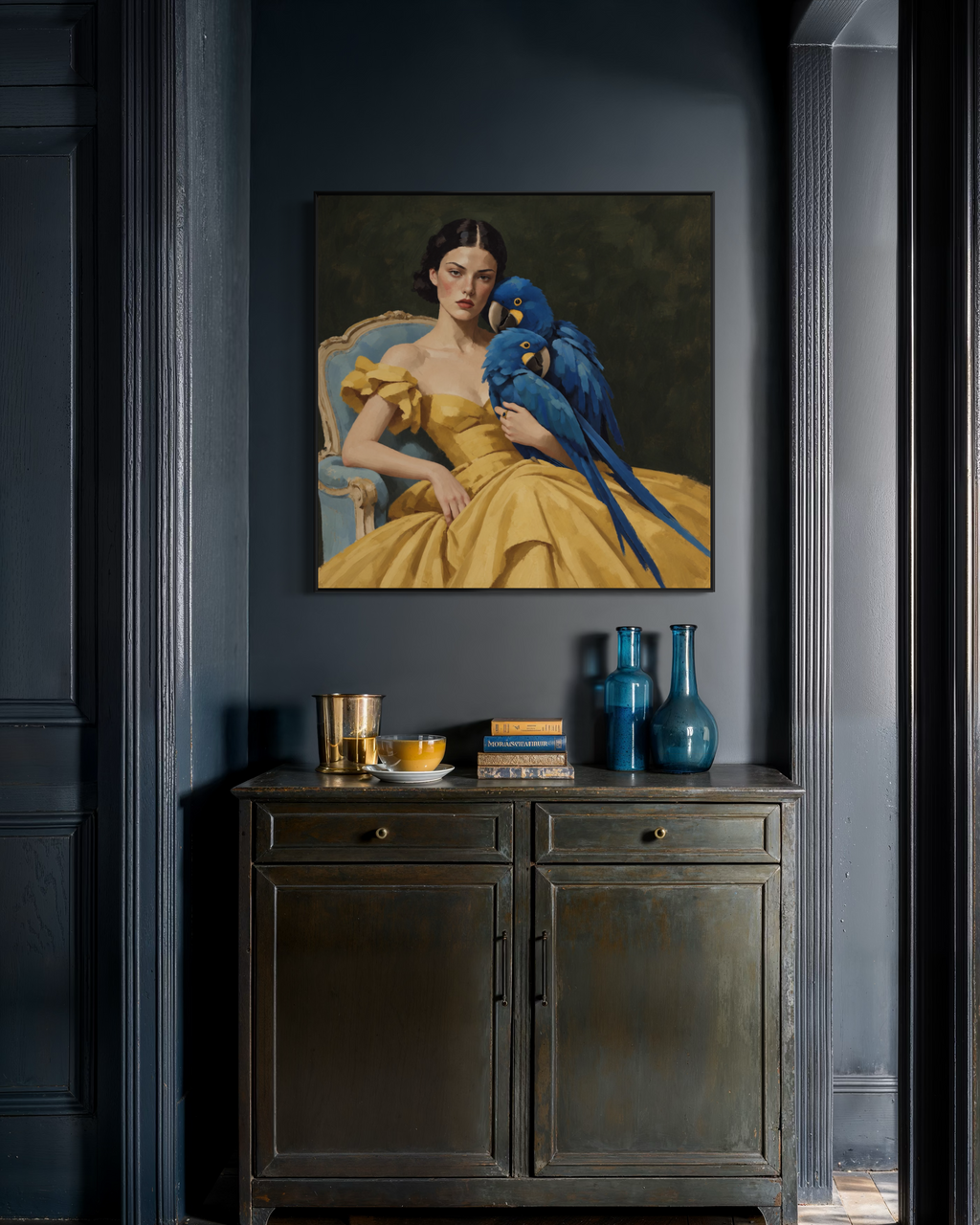 Woman with Blue Macaws Art Print | “Gilded Cheek”