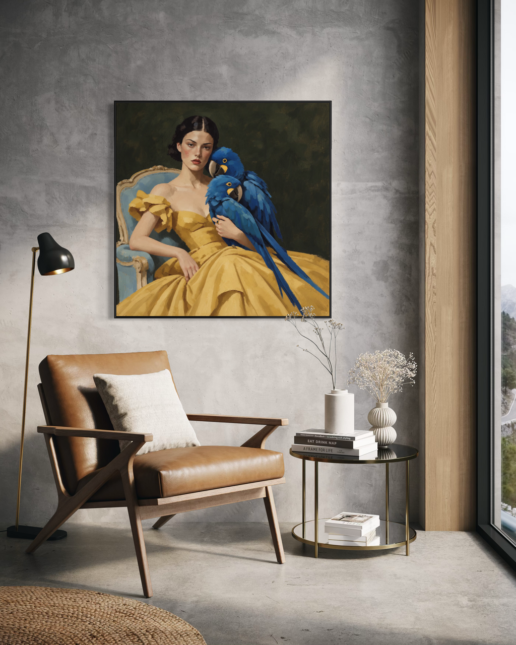 Woman with Blue Macaws Art Print | “Gilded Cheek”