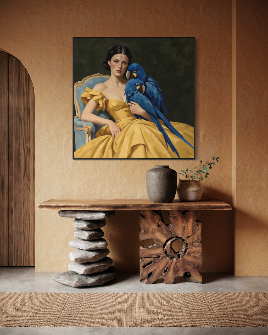 Woman with Blue Macaws Art Print | “Gilded Cheek”