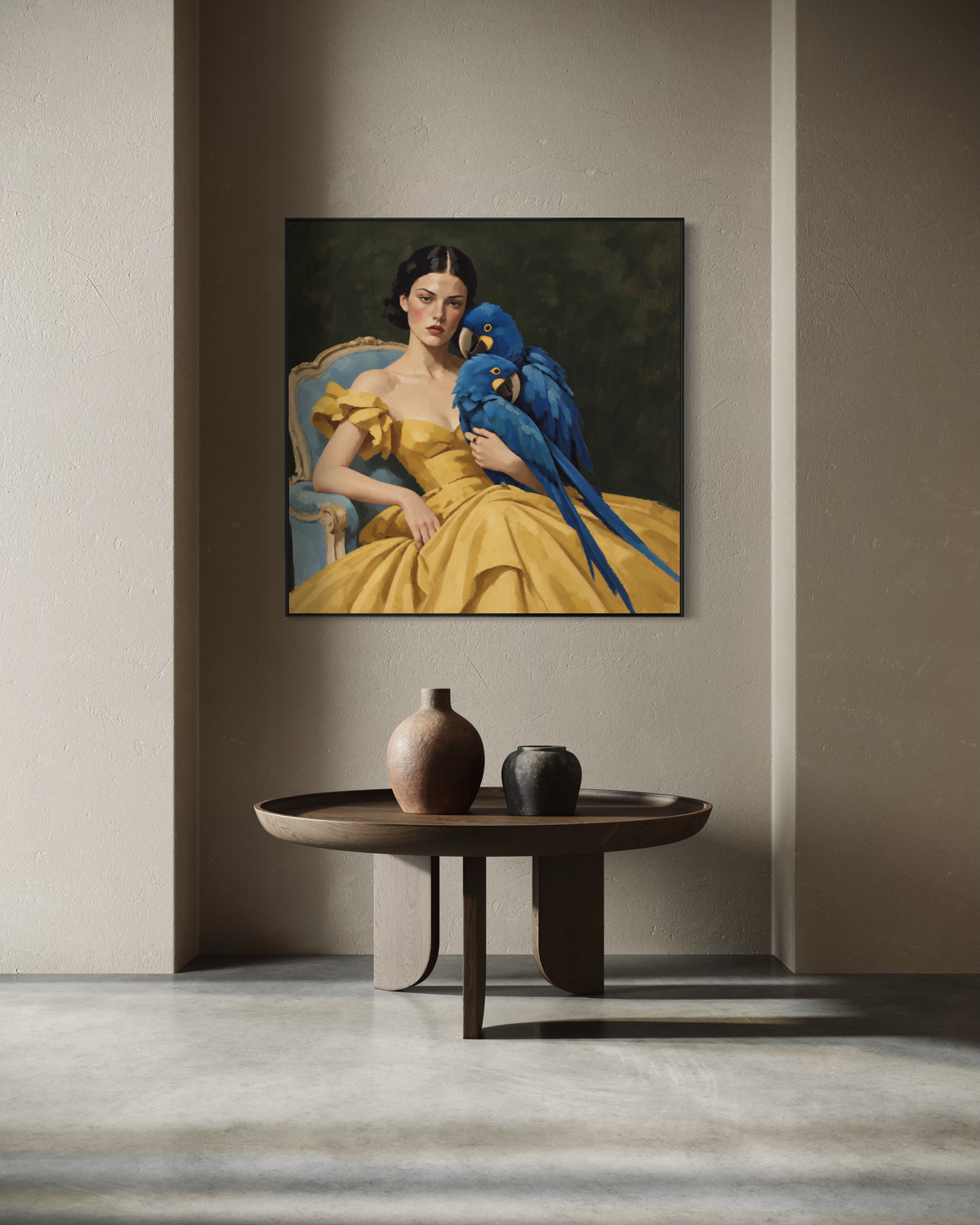 Woman with Blue Macaws Art Print | “Gilded Cheek”