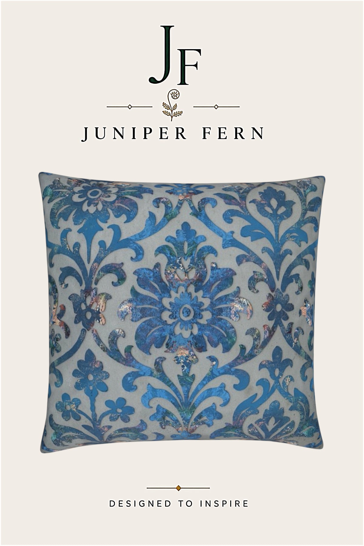 Grey Stone and Blue Damask Cushion