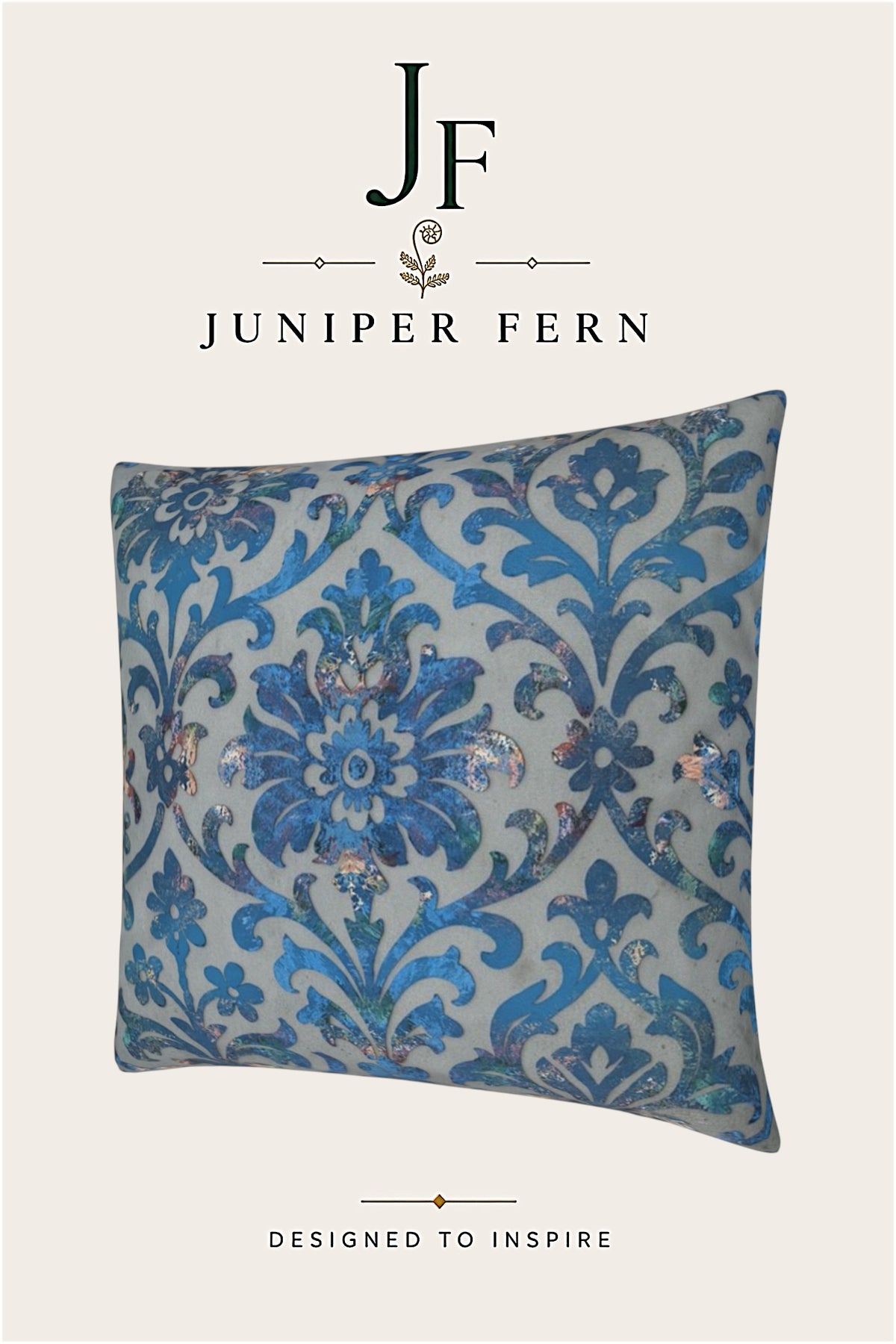 Grey Stone and Blue Damask Cushion