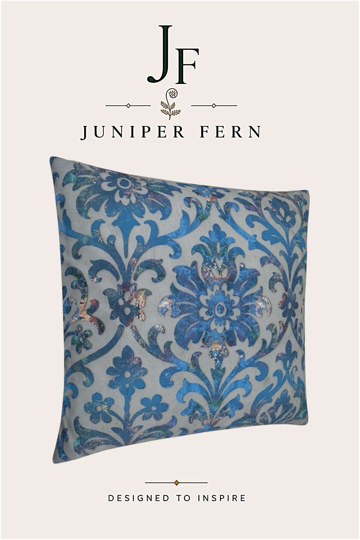 Grey Stone and Blue Damask Cushion