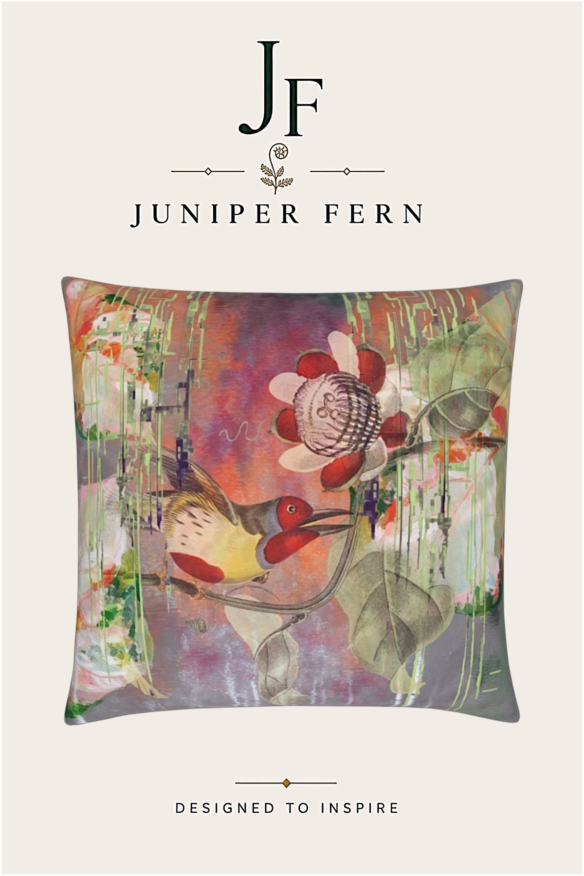 Green Abstract Vintage Bird Cushion - Elsewhere Bird