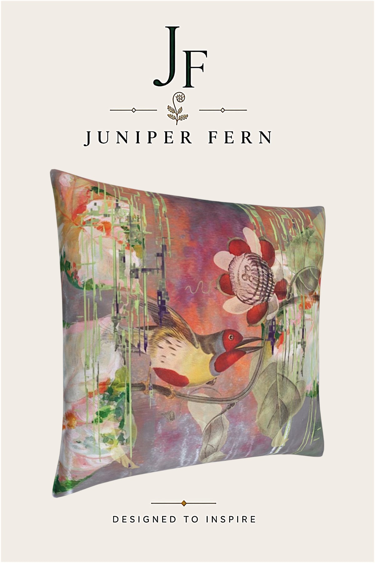 Green Abstract Vintage Bird Cushion - Elsewhere Bird