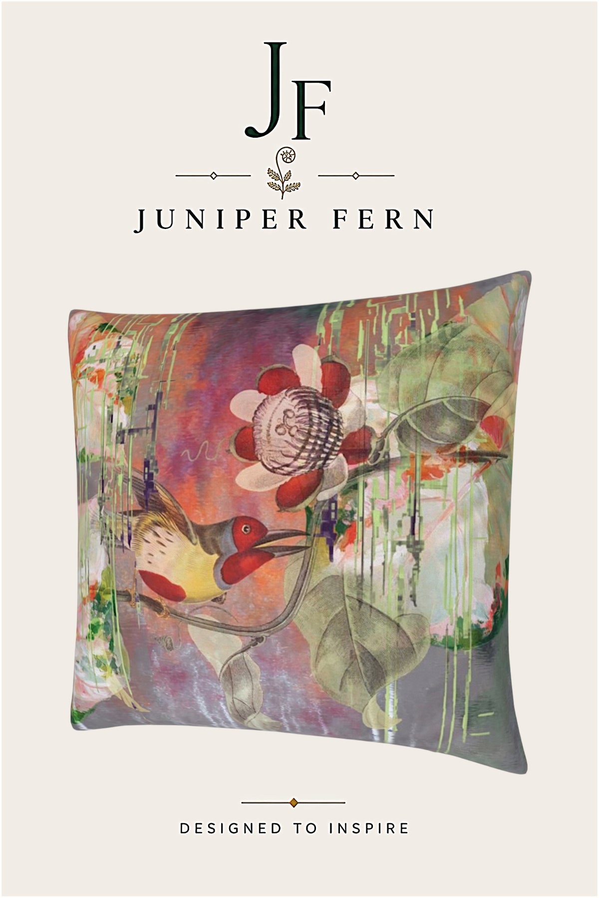 Green Abstract Vintage Bird Cushion - Elsewhere Bird