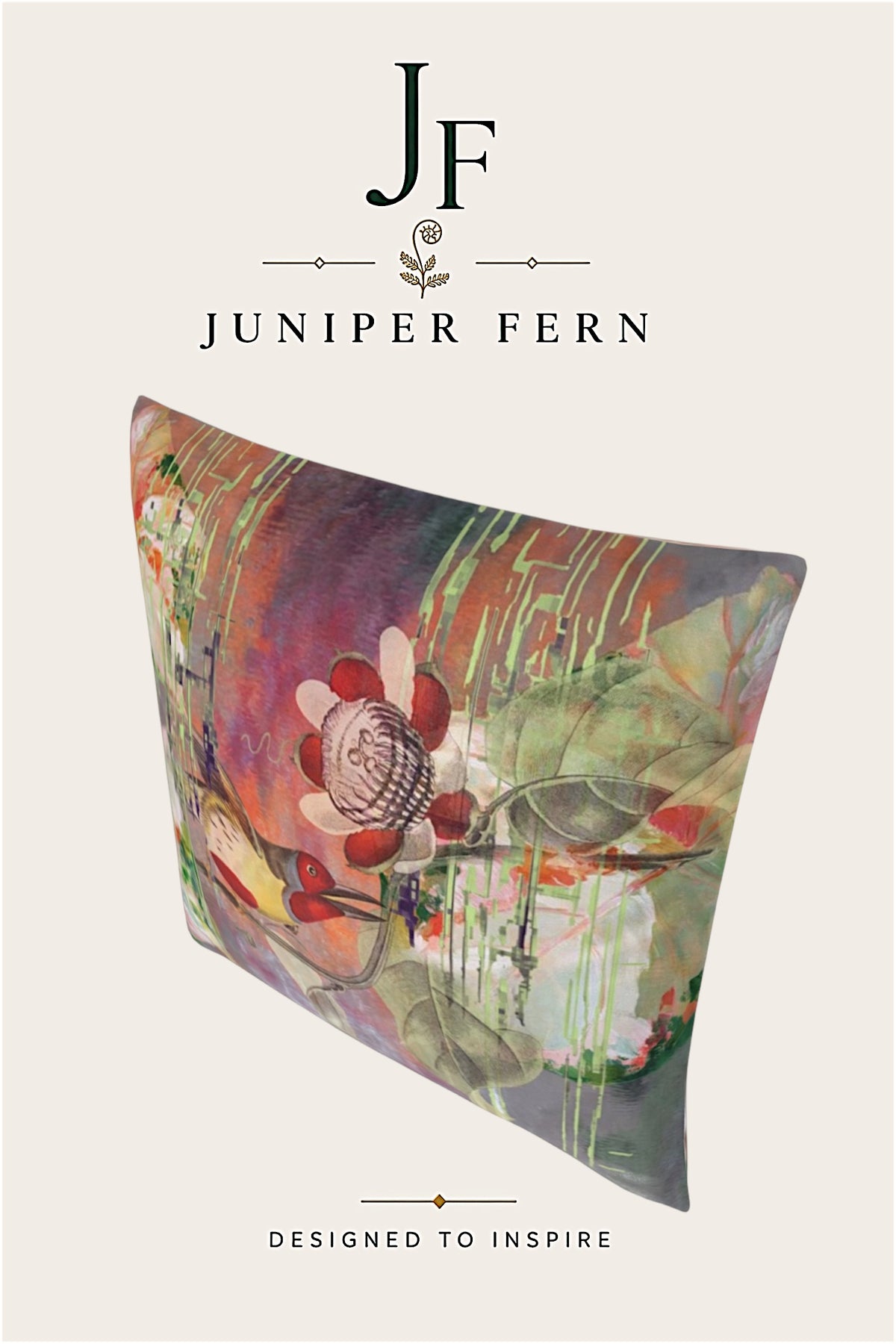 Green Abstract Vintage Bird Cushion - Elsewhere Bird